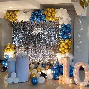 Blue & Gold Neon Sequin Birthday Backdrop Setup