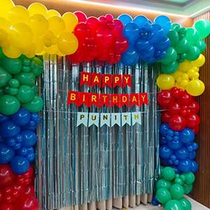 Colorful Rainbow Balloon Frame Decoration with Silver Fringe Backdrop