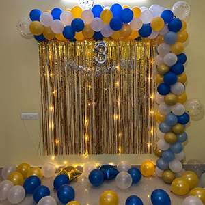 Blue & Gold Fringe Backdrop Decoration with Warm LED Lights