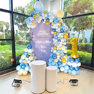 Premium Blue & White Arch First Birthday Setup