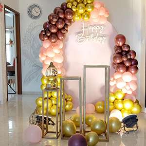 Rose Gold & Gold Organic Ring Decoration with Neon Happy Birthday