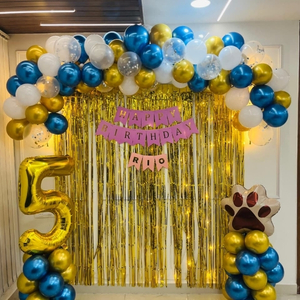 Blue and Gold Birthday Balloon with Foil Fringe Curtain and Paw Print Accent.