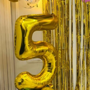 Blue and Gold Birthday Balloon with Foil Fringe Curtain and Paw Print Accent.