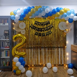 Blue and Gold Birthday Decoration Kit with Foil Fringe Curtain, Balloon Garland Balloon.