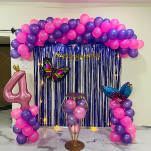 Gemini said Pink and Purple Birthday Decoration with Blue Fringe Curtain, Balloon Garland, and Butterfly Foils.