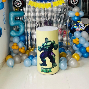 Blue and Silver Superhero Birthday Decoration with Hulk Cutout, Shimmer Backdrop, and Balloon Garland.
