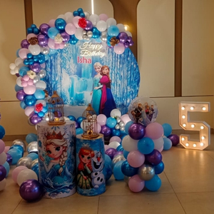 Frozen Birthday Decoration Kit with Blue and Purple Balloon Arch and Elsa Backdrop.