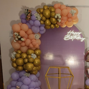 Peach, Purple & Gold Glam Birthday Backdrop Setup