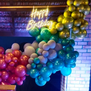 Vibrant Multi-Color Organic Balloon Cloud with Neon Sign and Boho Floral Kit