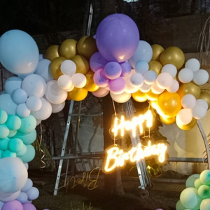 Pastel Circular Balloon Arch with Gold Accents and Neon Birthday Sign Kit