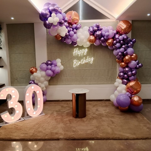 Purple and Rose Gold Balloon Arch with Neon Sign