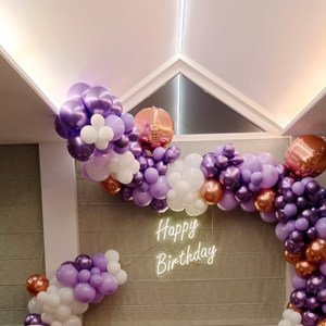 Purple and Rose Gold Balloon Arch with Neon Sign