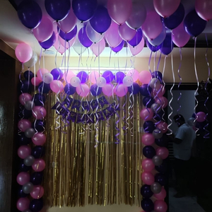 Purple & Pink Birthday Balloon Arch Backdrop with Gold Curtains