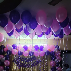 Purple & Pink Birthday Balloon Arch Backdrop with Gold Curtains