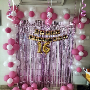Roziya Pink Metallic Foil Fringe Curtain and Pink and White Balloon Decoration