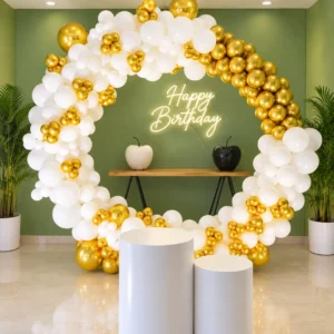 Elegant White & Gold Balloon Ring Birthday Backdrop