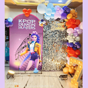 K-Pop Demon Hunters Theme Birthday Decoration Setup – Premium Balloon Backdrop with LED Number Light