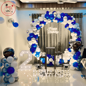 Elegant Blue White Ring Birthday Setup