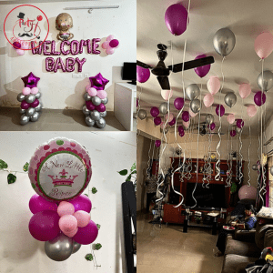 Royal Pink & Silver Welcome Baby Balloon Decoration Setup