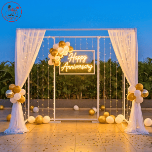 Luxe Double-Frame Cabana Setup with Fairy Light Backdrop & “Happy Anniversary” Neon Sign