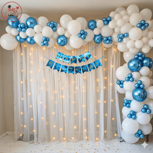 Classic Blue & White Fairy Light Backdrop with Asymmetrical Organic Balloon Garland