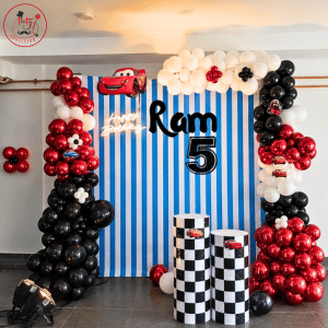 Racing Theme “Cars” Birthday Backdrop with Personalized Name & Checkered Plinths
