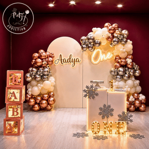 Luxe Boho-Chic Double Arch 1st Birthday Setup with Personalized Script, Neon “One” Sign, and Acrylic Light Pedestals