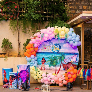 Tropical Moana Theme Circular Backdrop with Pastel Rainbow Arch & Character Plinths