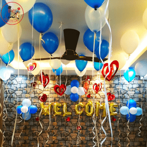 Blue & White Welcome Party Balloon Decoration Setup