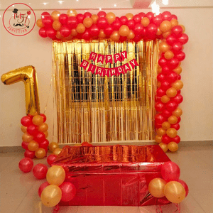 Red & Gold 1st Birthday Balloon Decoration Setup