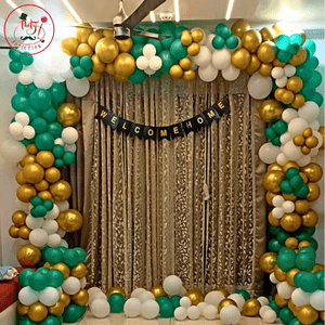 Green & Gold Welcome Home Balloon Decoration Setup