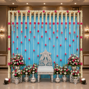 Royal Sky Blue Floral Stage Backdrop with Designer Throne