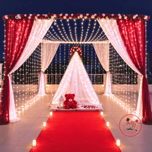 Luxury Romantic Canopy Proposal Decoration with Red Carpet & LED Fairy Lights