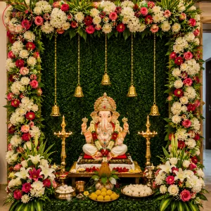 Floral Garden Ganesh Puja Backdrop with Hanging Bells & Traditional Décor
