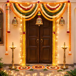 Traditional Festive Door Toran Decoration with Marigold Garlands & Diyas