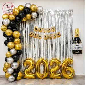 Golden Black & Silver New Year Balloon Decoration Backdrop Set