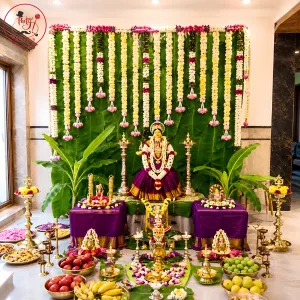 Grand Navaratri Floral Garland Backdrop & Traditional Pooja Decoration Set
