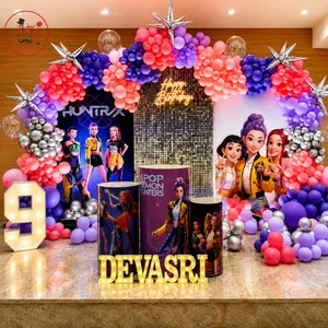 Bollywood themed 9th birthday decoration with balloon arch, entertainment backdrop, star decorations, illuminated number 9 and personalized Devasri name display