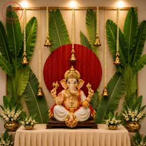 Elegant Green Leaf Ganesh Puja Backdrop with Hanging Bells & Floral Décor