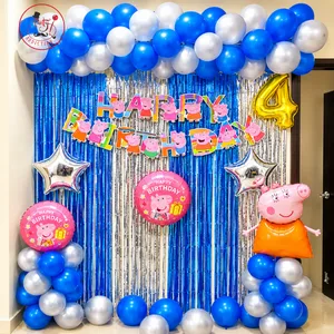 Peppa Pig 4th birthday decoration with balloon arch, shimmering backdrop, Peppa Pig character, themed banner, star balloons and number 4
