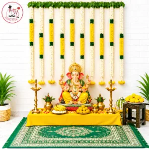 Traditional Ganesh Puja Decor Backdrop Set with Floral Hanging & Festive Setup