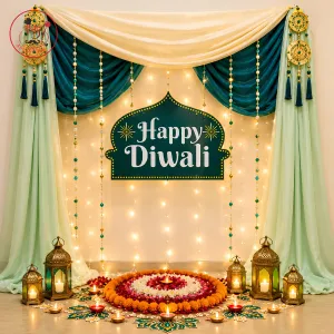 Elegant Happy Diwali Draped Backdrop with Diyas & Rangoli Decoration Set