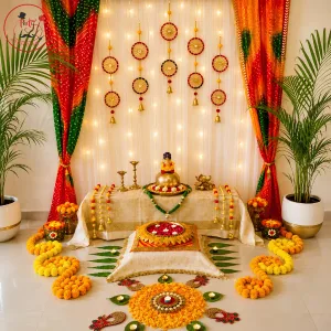 Elegant Festive Pooja Backdrop with Drapes, Floral Rangoli & Hanging Décor