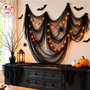 Elegant Halloween Black Spider Web Decoration with Fairy Lights & Pumpkin Accents