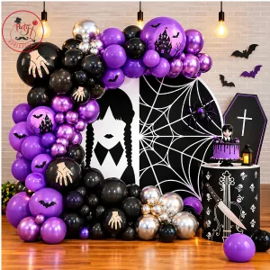 Purple & Black Halloween Balloon Arch with Spider Web Backdrop, Skeleton & Gothic Cake Table