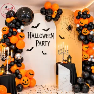 Orange & Black Halloween Balloon Arch with Spider Web, Pumpkins & Gothic Party