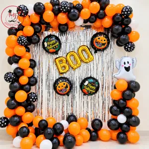 Orange & Black Halloween Balloon Arch with BOO Backdrop, Ghost & Pumpkin Decorations