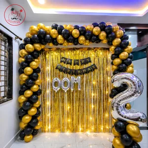 Elegant Birthday Decoration – Balloon Arch with Golden Shimmer Backdrop