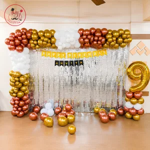 Elegant Birthday Decoration – Shimmer Backdrop with Balloon Arch & Number Decor