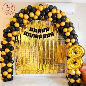 Black & Gold Birthday Decoration – Elegant Balloon Arch with Shimmer Backdrop
